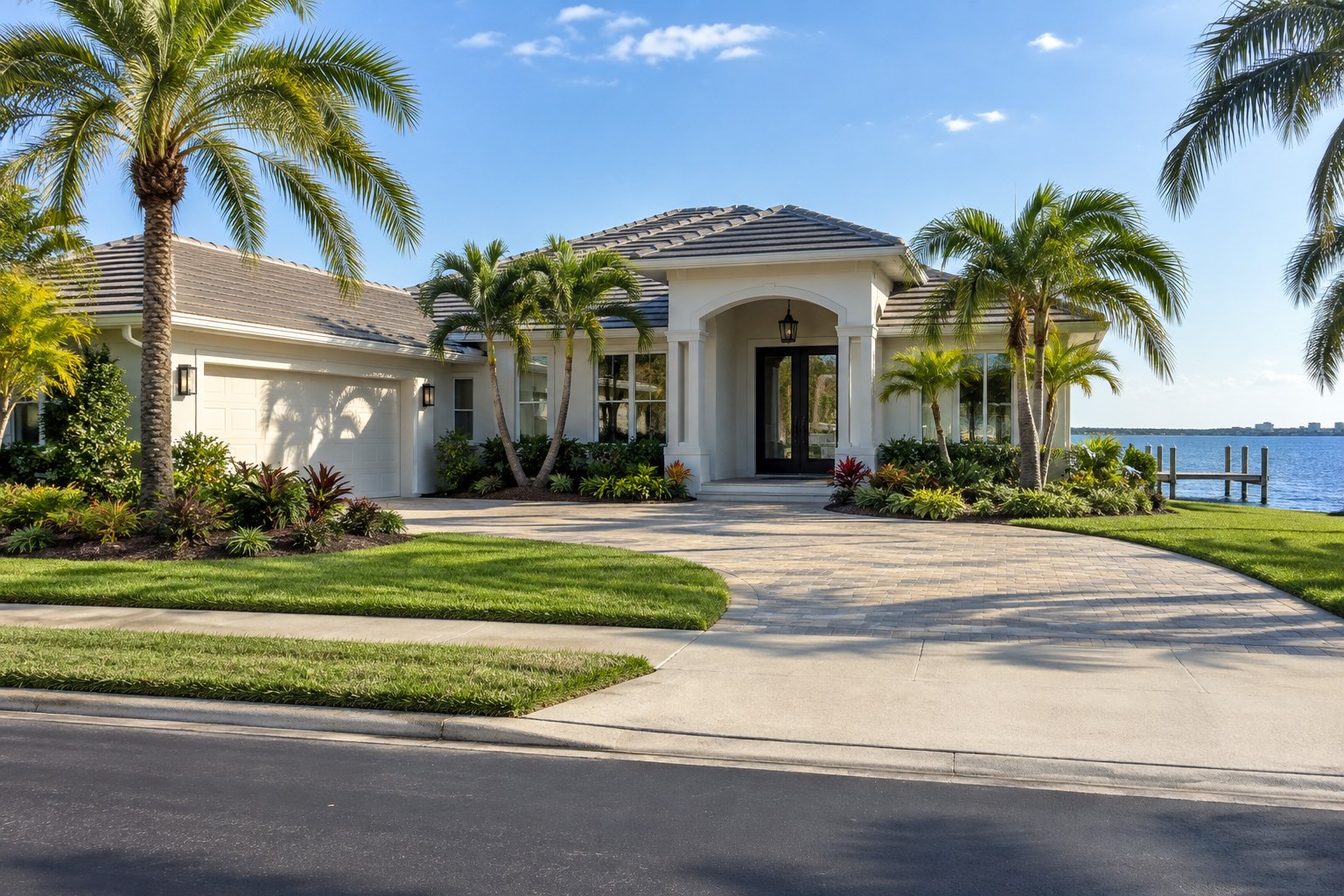 A Florida home with palms and a covered entry, illustrative