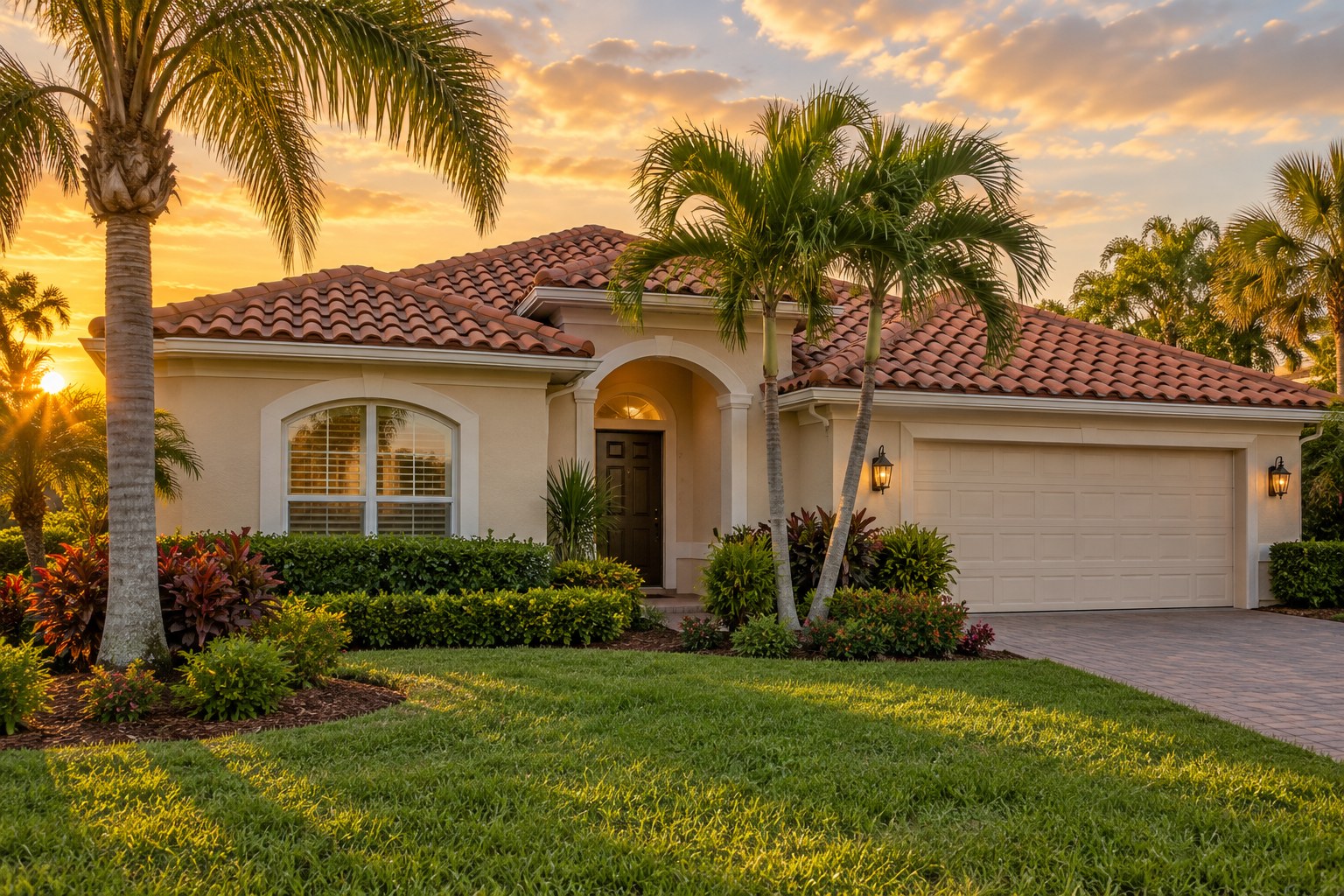 A Florida Gulf Coast home with palms and a tiled roof, illustrative