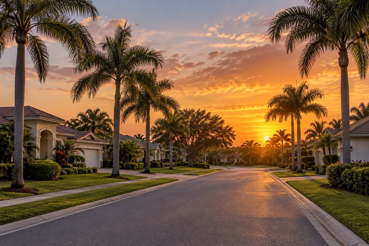 A palm lined residential street at sunset in Florida, illustrative