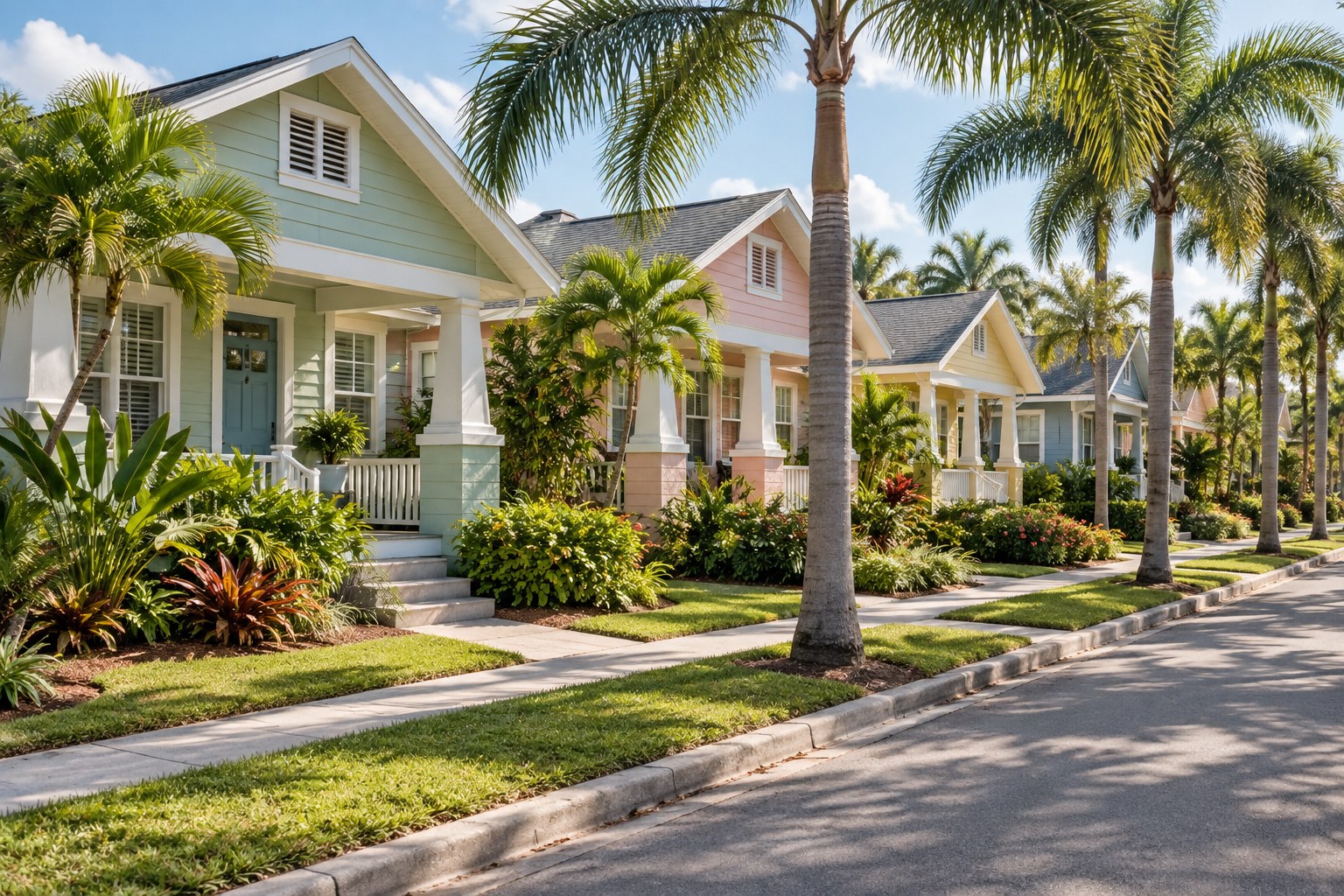 Homes along a palm lined Florida street, illustrative