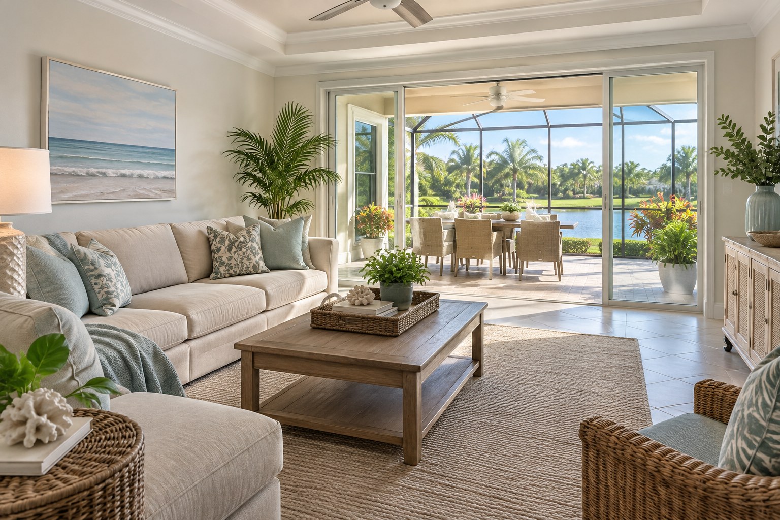 A cozy sunlit Florida family room, illustrative